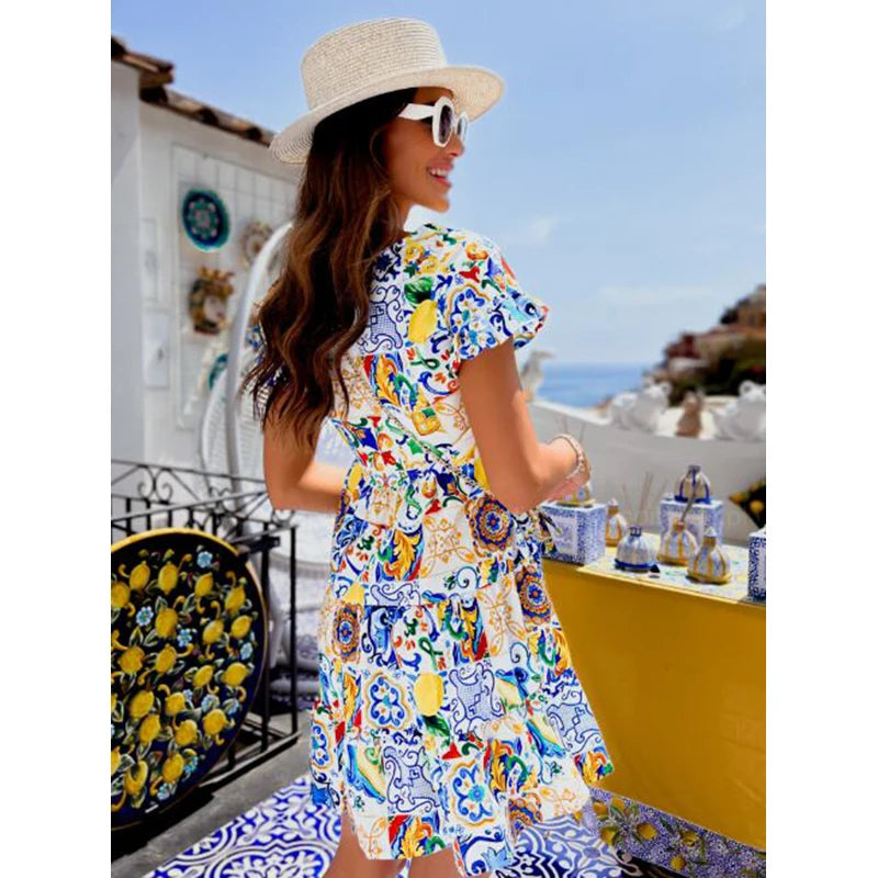 Summer Fashion Print A-line Dress Women O-neck Short Sleeve Ruffles Casual Loose Mini Dress 2023 Ladies Holiday Beach Dresses
