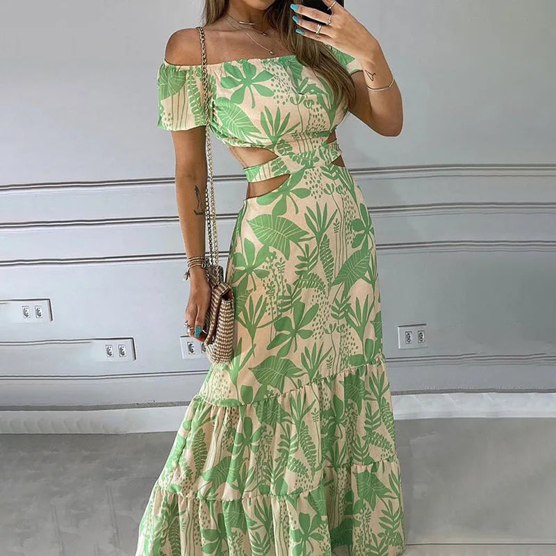 Fashion Women's Clothing Floral Print Temperament Slim Print Hollow Lace-up Dress