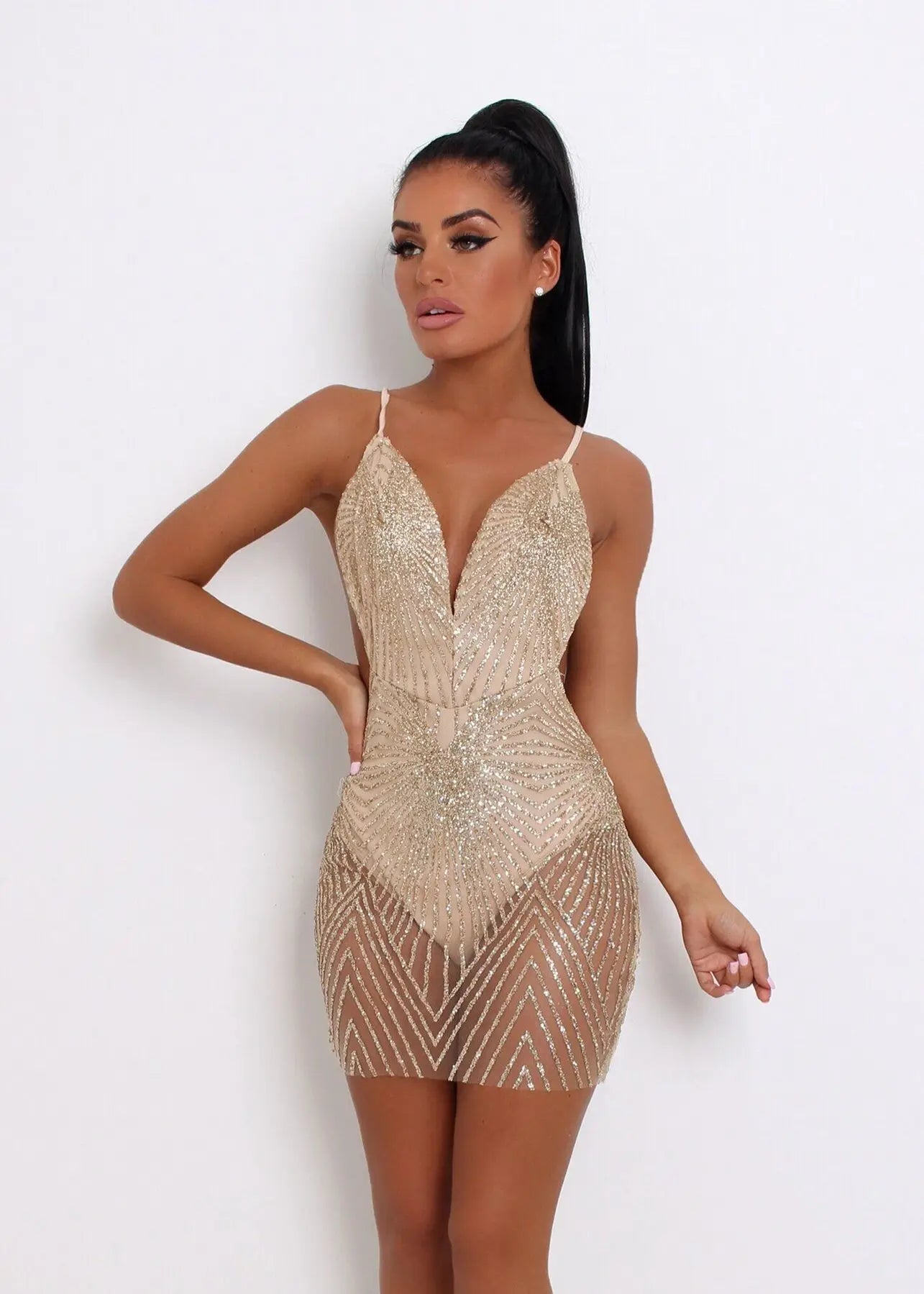 BH495 Women's Summer Sequined Halter Backless Dress Sexy and Eco-Friendly Woven and Plain Dyed Natural Waistline