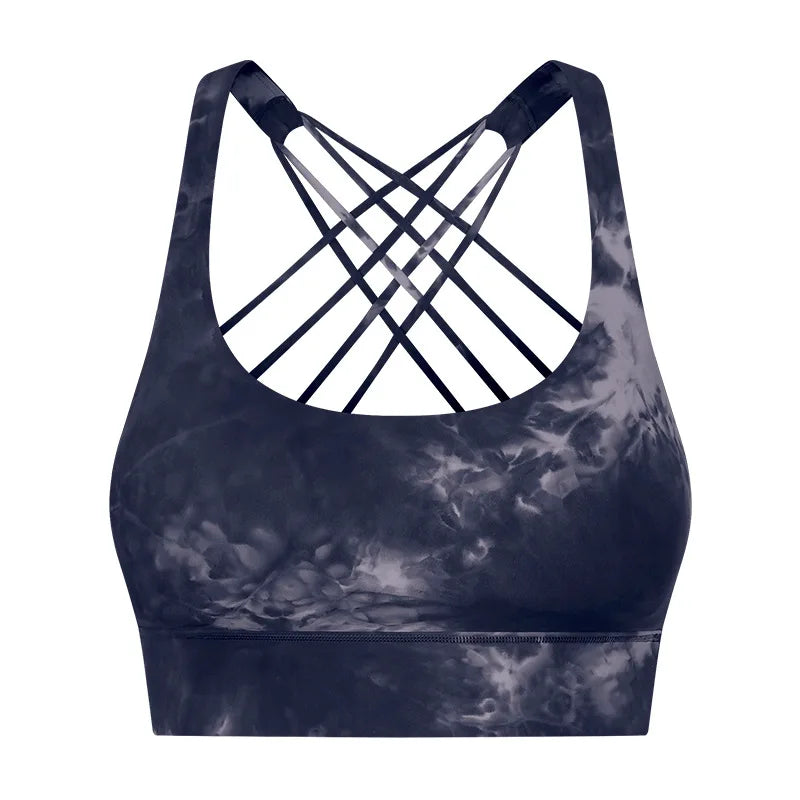 New Sexy Cross Strap Backless Plus Size Sports Bra Womens Gym Set with Seamless Thick Yoga Bra Printed Pattern Low Shipping Cost