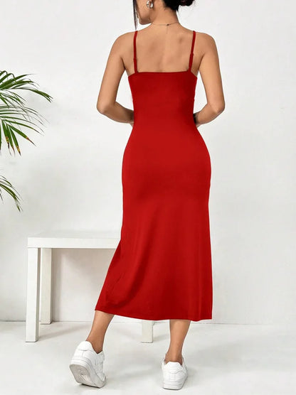 Women's Spaghetti Strap Floral Print Midi Dress, Bodycon Slit Hem Casual Summer Dress