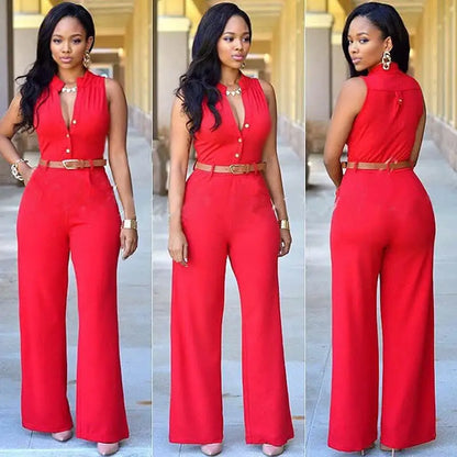 New Single-breasted Sleeveless Lapel High Waist Including Belt Women's Wide-leg Jumpsui