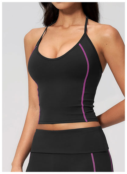 Women's Halter Neck Contrast Stitch Workout Cami Top Custom Logo U-Neck Longline Yoga Tank with Built-in Bra Sports Top