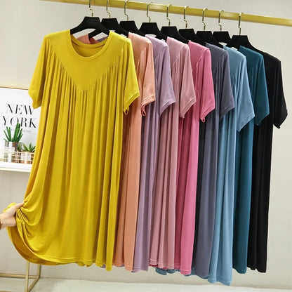 Summer New Women'S Loose Versatile Short-Sleeved Round Neck Nightgown Solid Color Dresses