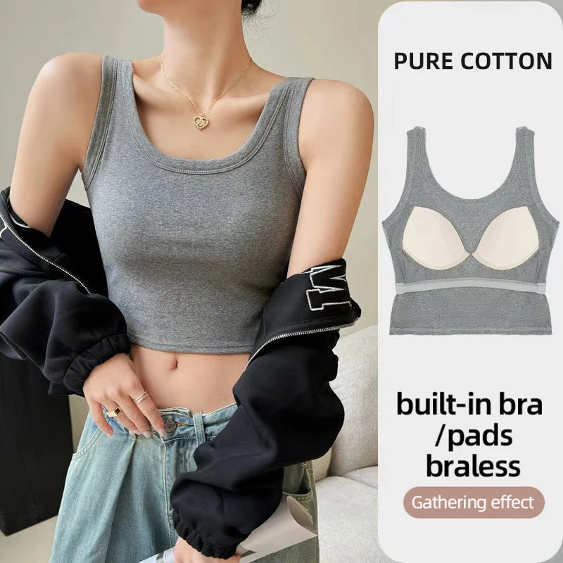 XIYU Women Fashion Slim Fit Tank Top With Built-in Padded Bra Solid Color Short Style Cami for Daily Wear