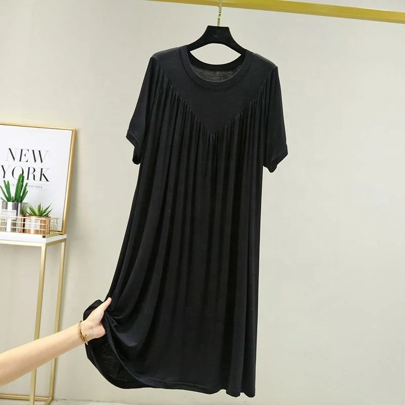 Summer New Women'S Loose Versatile Short-Sleeved Round Neck Nightgown Solid Color Dresses