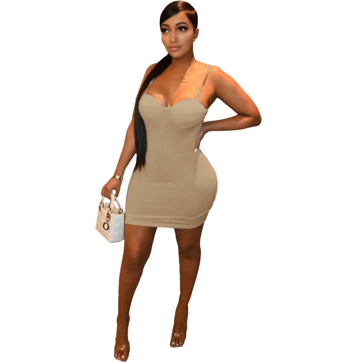 2024 Summer Women's New Sexy Satin Bodycon Dress Low-cut Suspenders High Waist Slim Casual Style Breathable Natural Waistline