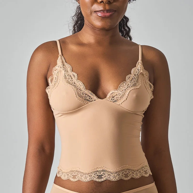 SK1268 Deep V Lace Trim Sleeveless  Cami Top with Nylon Spandex Fabric Mid Stretch Slim Fit Daily Layering Tank