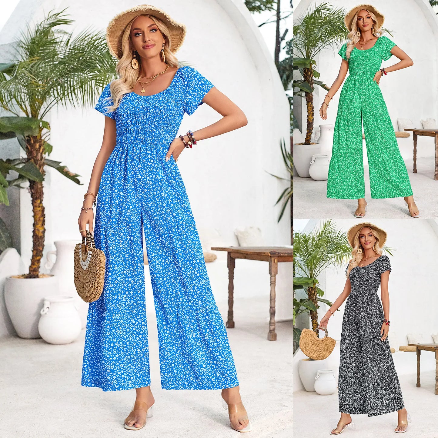 Fresh Printed Round Neck Short Sleeve Loose Breathable Comfortable Women's Jumpsuit Sehe Fashion