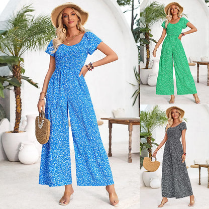 Fresh Printed Round Neck Short Sleeve Loose Breathable Comfortable Women's Jumpsuit Sehe Fashion