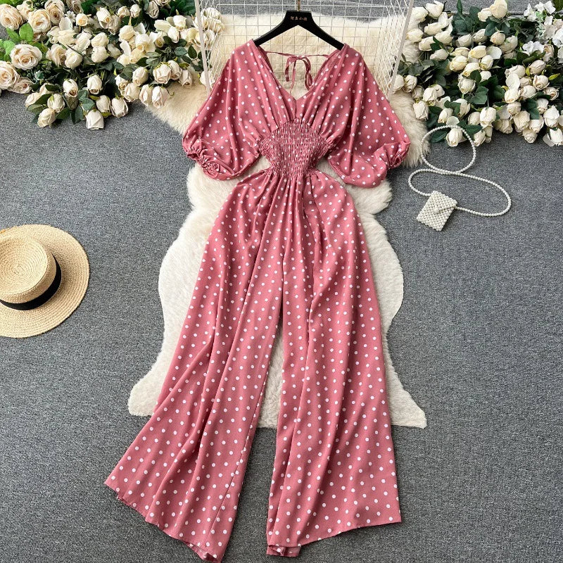 Casual V Neck Slim Jumpsuit for Women Puff Sleeve High Waist Printed Lace Long Jumpsuit Wholesale