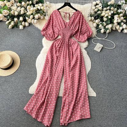 Casual V Neck Slim Jumpsuit for Women Puff Sleeve High Waist Printed Lace Long Jumpsuit Wholesale