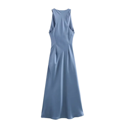 2024  Women's Purple Satin Midi Dress New Sleeveless Slim Pleated Vest Long Skirt Pattern Solid Vestidos Mujer