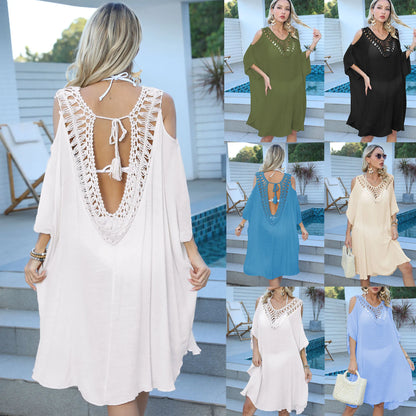 Stock Factory Summer Women's Sexy Hand Hook Hollowed Out Backless Perspective Loose Beach Dress Bikini Outside Smock Cover Ups