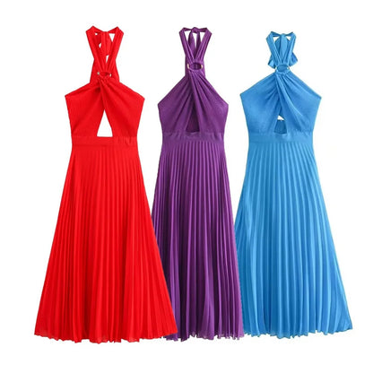 ZATRHMBM Summer Fashion Women's Backless Sleeveless Maxi Dress 2024 New Fashion Pleated Sexy Elegant Party Dress