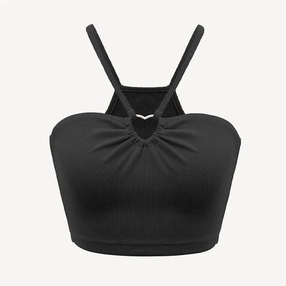 Enyami Women Fashion Hollow Out Heart Ring Slim Fit Sleeveless Sexy Straps Crop Ribbed Basic Knit Cami Tank Top