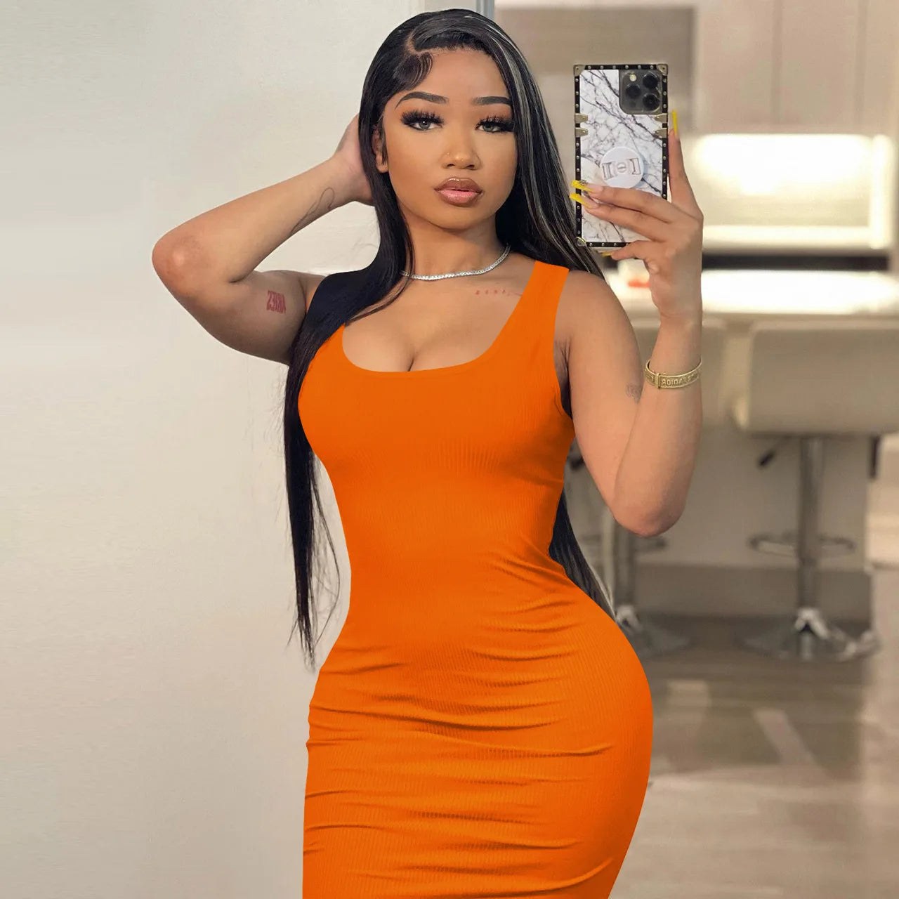 2024 Women's Elegant Summer Bodycon Maxi Dress Square Collar Sleeveless Casual Party Natural Waist Digital Printing Breathable