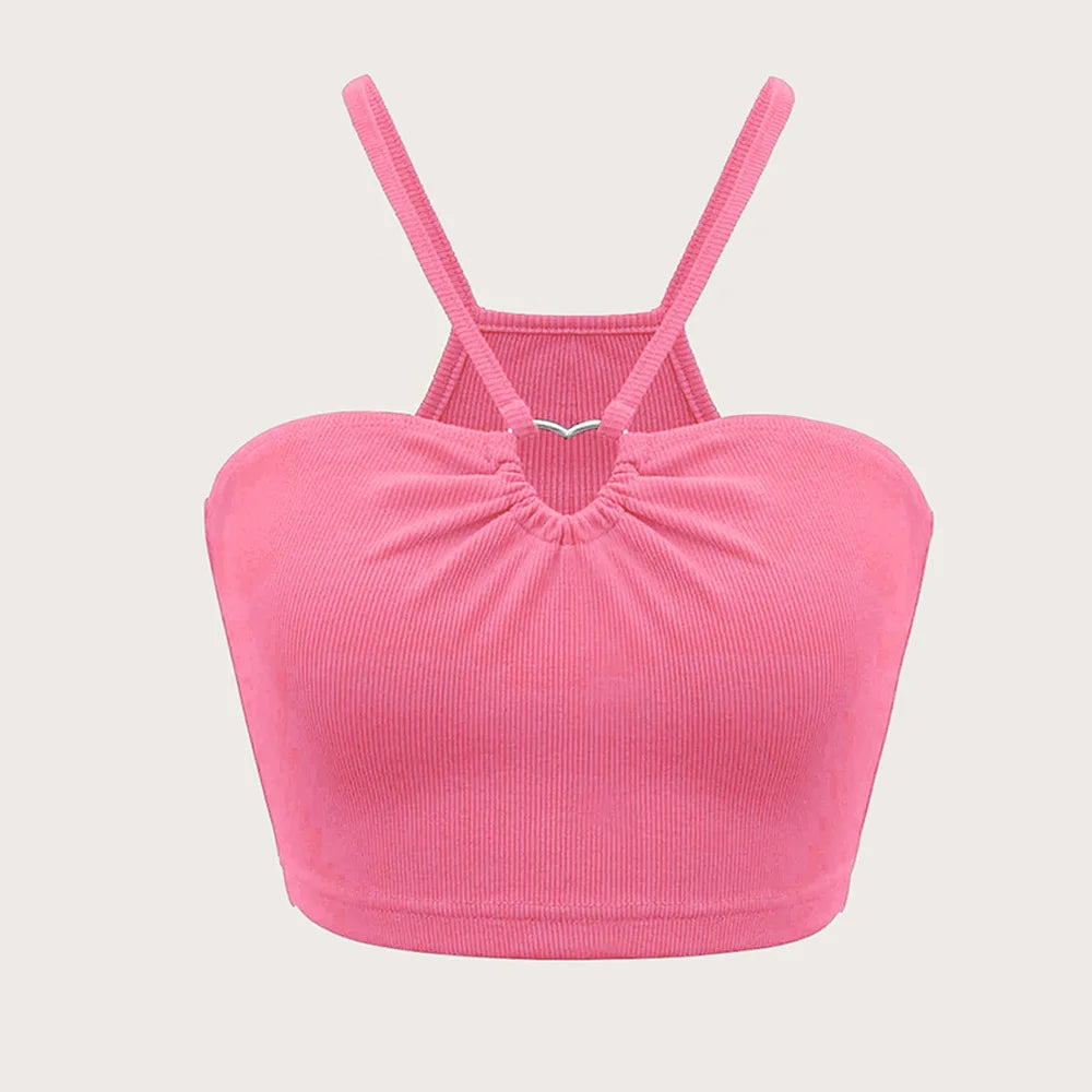 Enyami Women Fashion Hollow Out Heart Ring Slim Fit Sleeveless Sexy Straps Crop Ribbed Basic Knit Cami Tank Top