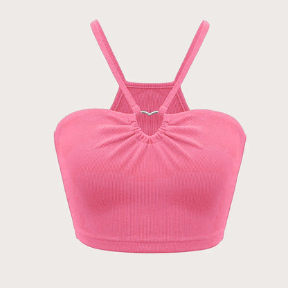Enyami Women Fashion Hollow Out Heart Ring Slim Fit Sleeveless Sexy Straps Crop Ribbed Basic Knit Cami Tank Top