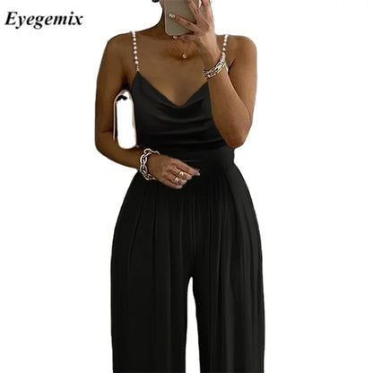 New Women's Summer Halter Jumpsuit with Pearl Sleeves and Wide Leg Casual Solid Color Hot Sale for Parties