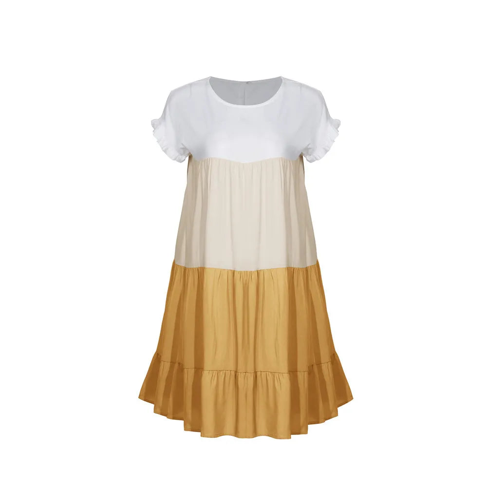 ANSZKTN Spring Summer Pacthwork Hot Selling Color Blocking Short Sleeve Loose Casual Dresses for Women