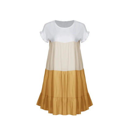 ANSZKTN Spring Summer Pacthwork Hot Selling Color Blocking Short Sleeve Loose Casual Dresses for Women
