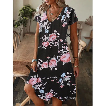 Women's Party Formal V-Neck Summer Jersey Dress Long Knee Floral Printed Full Digital Regular Fit Short Sleeved Woven Breathable