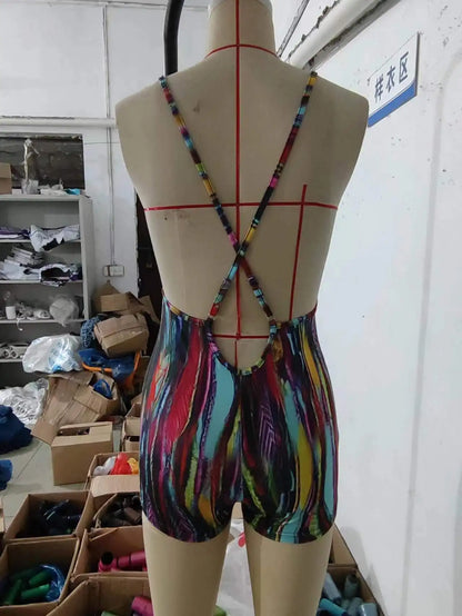 New Fashion XS Tie Dyed Summer Cami Jumpsuits Women V Neck Backless Sleeveless Skinny Sexy Romper Bodysuit