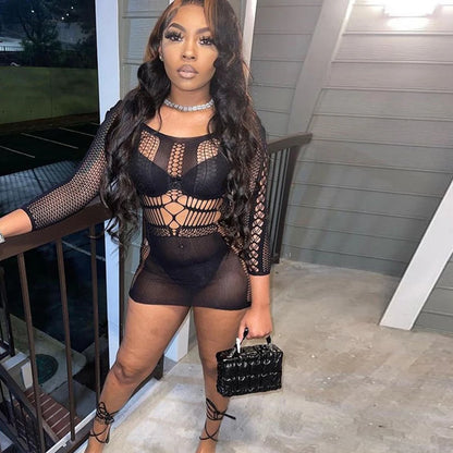 Summer Party Club Beach Wear Women's Long Sleeve Mini Dress Bodycon Sexy Body Shape Hollow Out See Through Mesh Dresses Women