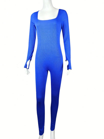Autumn Hot Selling Long Sleeve Solid Color Fitness Ribbed Strech O-Neck Bodycon Women Jumpsuits