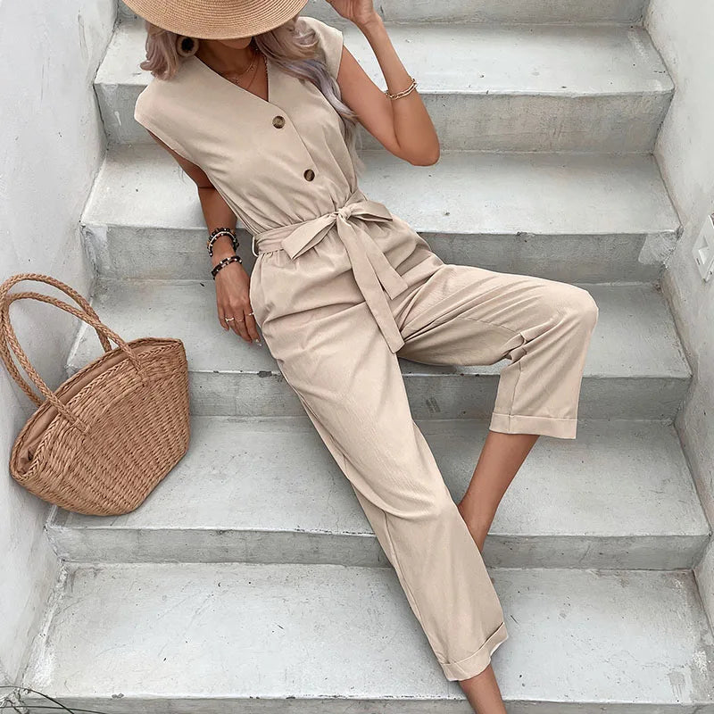 Elegant Ladies Sleeveless V Neck Buttons Long Pants Jumpsuit Soild Colour Casual Jumpsuits