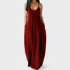 Women's Solid Color Sexy Deep V Neck Suspender Strap Loose Pockets Suspender Skirt