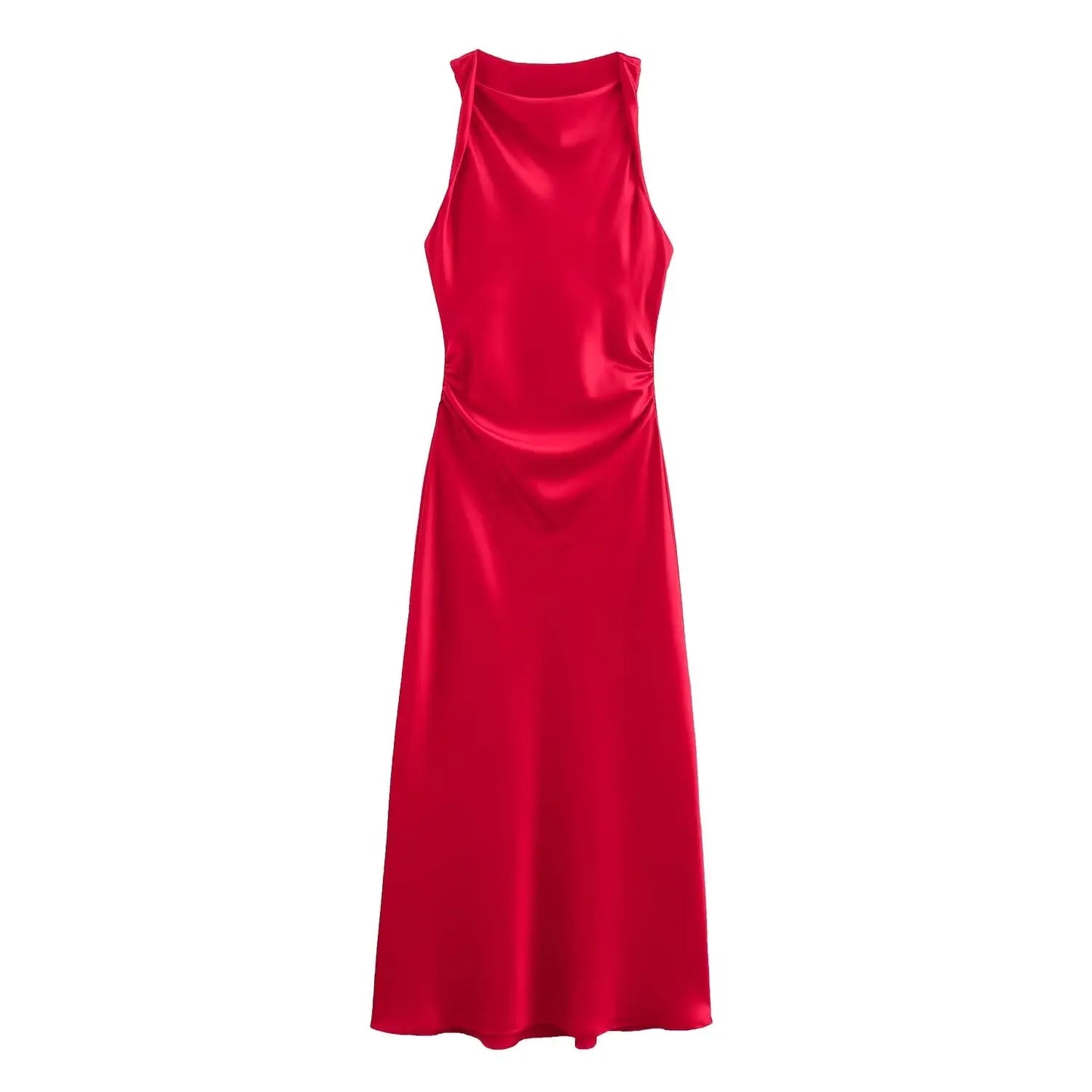 2024  Women's Purple Satin Midi Dress New Sleeveless Slim Pleated Vest Long Skirt Pattern Solid Vestidos Mujer