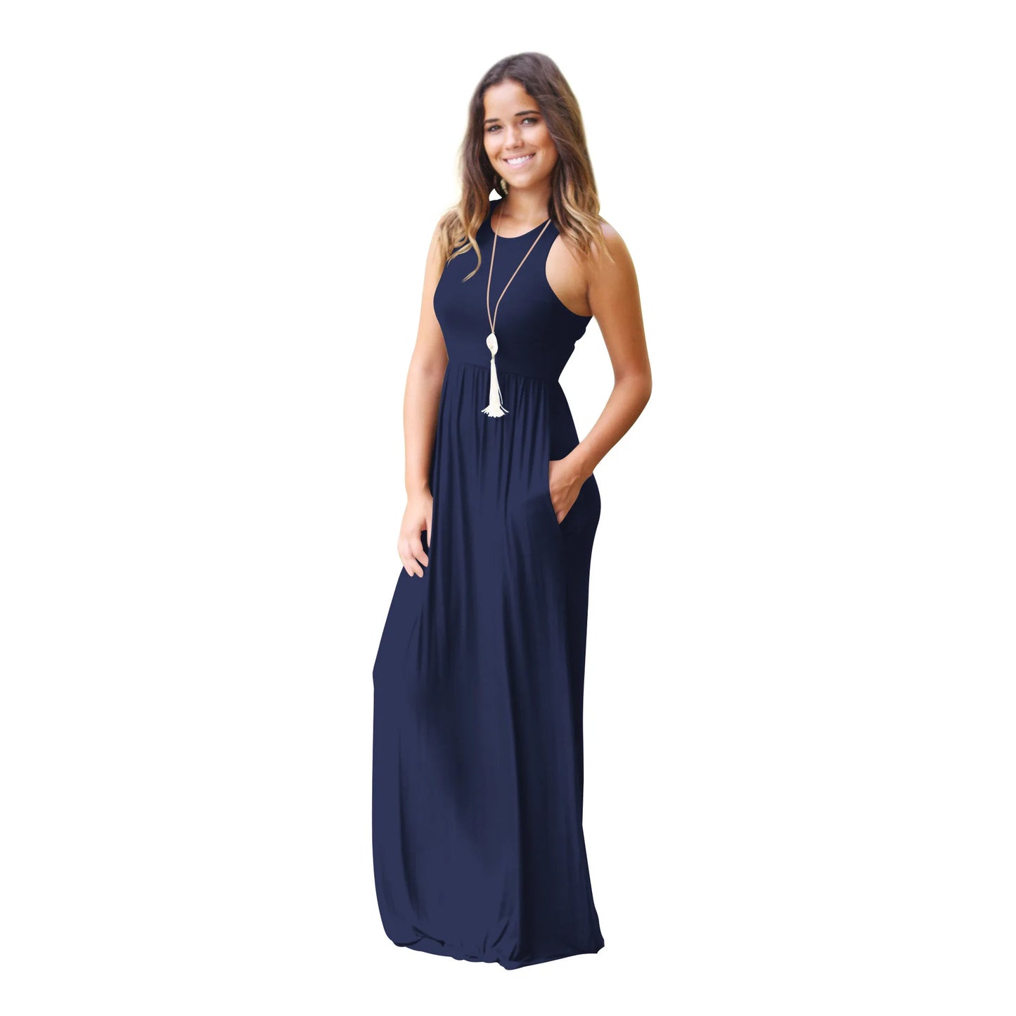 Female Solid Long Boho Dress Lady Beach Summer Sundrss Maxi Dress Women's Sleeveless Solid Color Pocket Dress Vestido De Verano