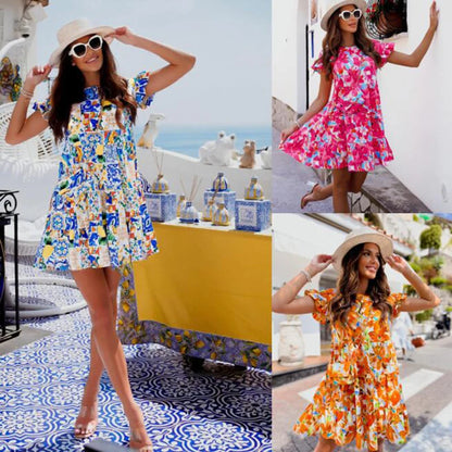 Summer Fashion Print A-line Dress Women O-neck Short Sleeve Ruffles Casual Loose Mini Dress 2023 Ladies Holiday Beach Dresses