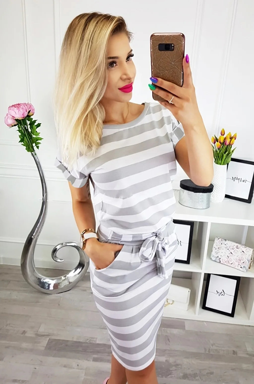 Wholesale New Fashion Women Summer O-neck Short Sleeve Dresses Striped Lace up Belt Waist Slim Casual Knee Length Pencil Dress