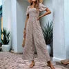Floral Print Jumpsuit Bubble Sleeves Women's Jumpsuits Playsuits Slim Fit Tight Square Collar Shirring Wide Leg Pants Rompers