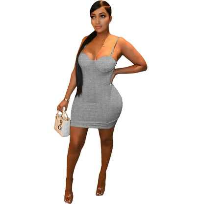 2024 Summer Women's New Sexy Satin Bodycon Dress Low-cut Suspenders High Waist Slim Casual Style Breathable Natural Waistline