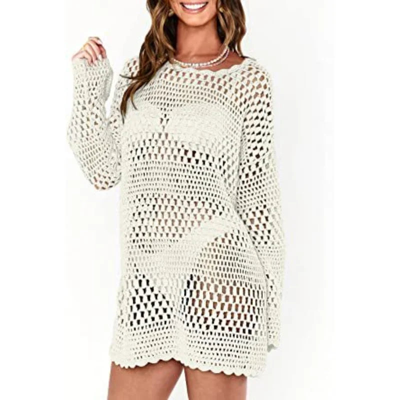 Summer Women's Crochet Swim Cover-Up Knit Pullover Beach Dress Swimwear Bathing Suit for Beach & Pool