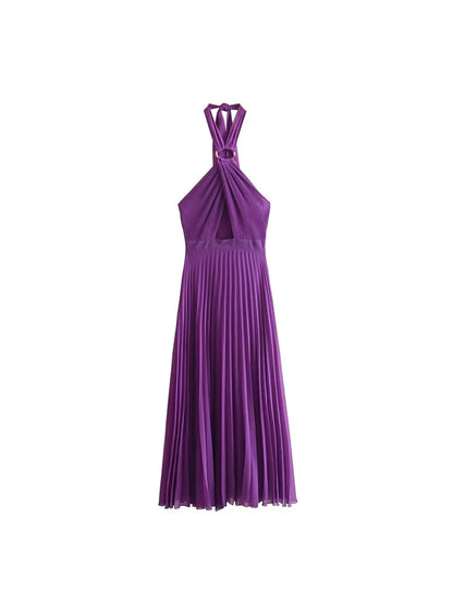 ZATRHMBM Summer Fashion Women's Backless Sleeveless Maxi Dress 2024 New Fashion Pleated Sexy Elegant Party Dress