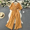 Casual V Neck Slim Jumpsuit for Women Puff Sleeve High Waist Printed Lace Long Jumpsuit Wholesale