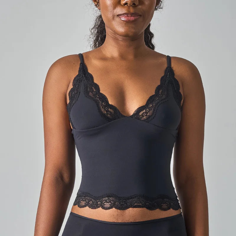 SK1268 Deep V Lace Trim Sleeveless  Cami Top with Nylon Spandex Fabric Mid Stretch Slim Fit Daily Layering Tank