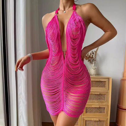 Women Sexy Solid Color Dress Sexy Nightclub Style Halter Deep V Tassel Long Halter Dress See Through Backless Women's Mini Dress