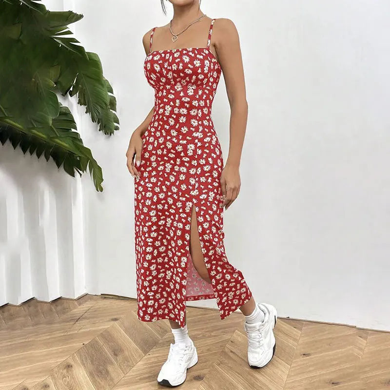 Women's Spaghetti Strap Floral Print Midi Dress, Bodycon Slit Hem Casual Summer Dress