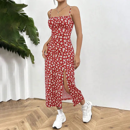 Women's Spaghetti Strap Floral Print Midi Dress, Bodycon Slit Hem Casual Summer Dress