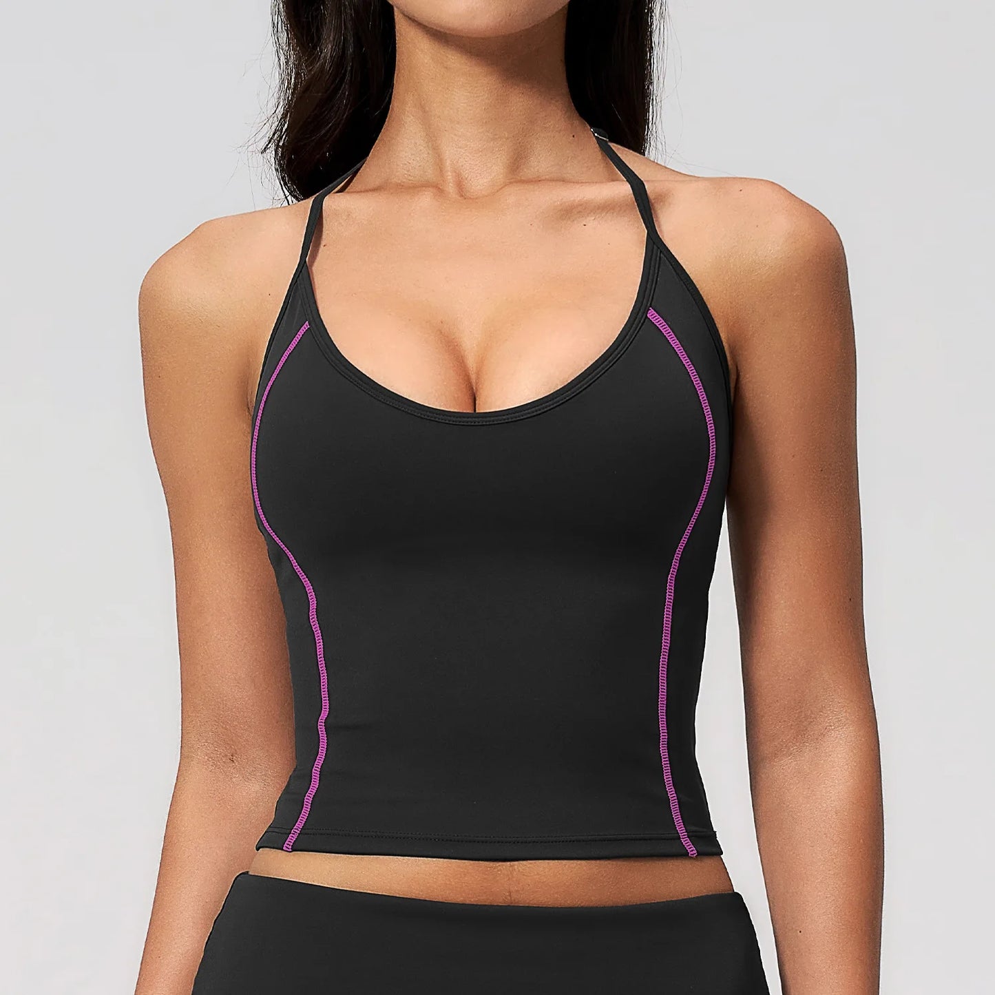 Women's Halter Neck Contrast Stitch Workout Cami Top Custom Logo U-Neck Longline Yoga Tank with Built-in Bra Sports Top
