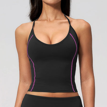 Women's Halter Neck Contrast Stitch Workout Cami Top Custom Logo U-Neck Longline Yoga Tank with Built-in Bra Sports Top