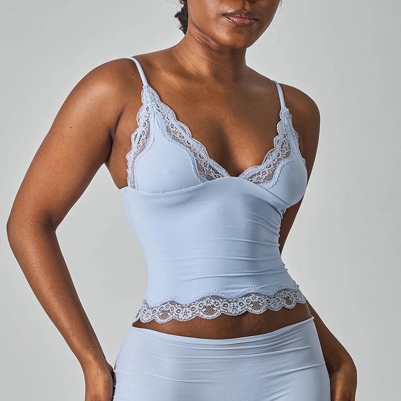 SK1268 Deep V Lace Trim Sleeveless  Cami Top with Nylon Spandex Fabric Mid Stretch Slim Fit Daily Layering Tank