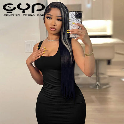 2024 Women's Elegant Summer Bodycon Maxi Dress Square Collar Sleeveless Casual Party Natural Waist Digital Printing Breathable