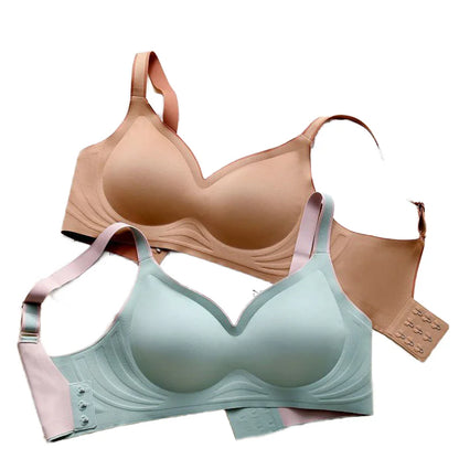 Women's Sexy U Shaped Laser Cut Bra Beautiful Back Seamless Wire-Free Convertible Straps Solid Pattern One-Piece Button Knitted